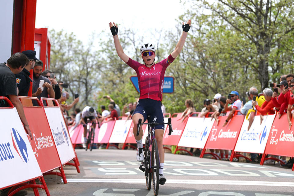 MIRADOR DE PEAS LLANAS SPAIN  MAY 05 Demi Vollering of The Netherlands and Team SD Worx  Pink UCI Womens WorldTour Leader Jersey celebrates at finish line as stage winner during the 9th La Vuelta Femenina 2023 Stage 5 a 1292km stage from La Cabrera to Mirador de Peas Llanas 1479m  UCIWWT  on May 05 2023 in Mirador de Peas Llanas Spain Photo by Dario BelingheriGetty Images