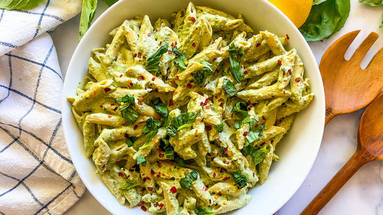 Tofu pesto pasta in bowl