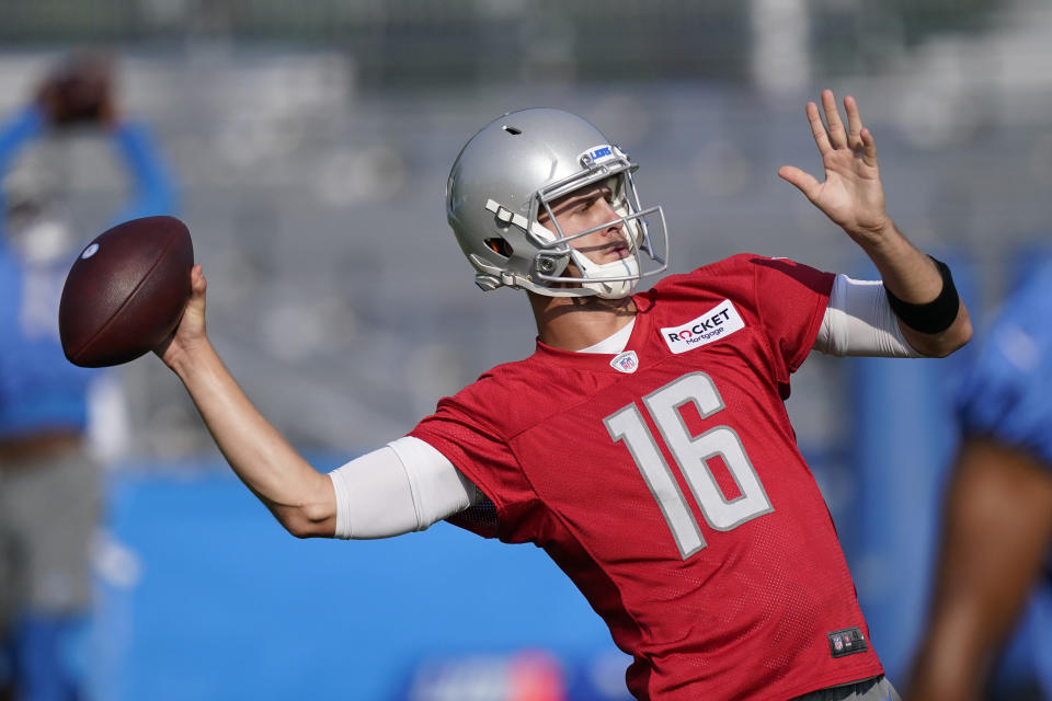 Detroit Lions quarterback Jared Goff throws during drills at the Lions NFL football camp practice, Wednesday, July 28, 2021, in Allen Park, Mich. (AP Photo/Carlos Osorio)