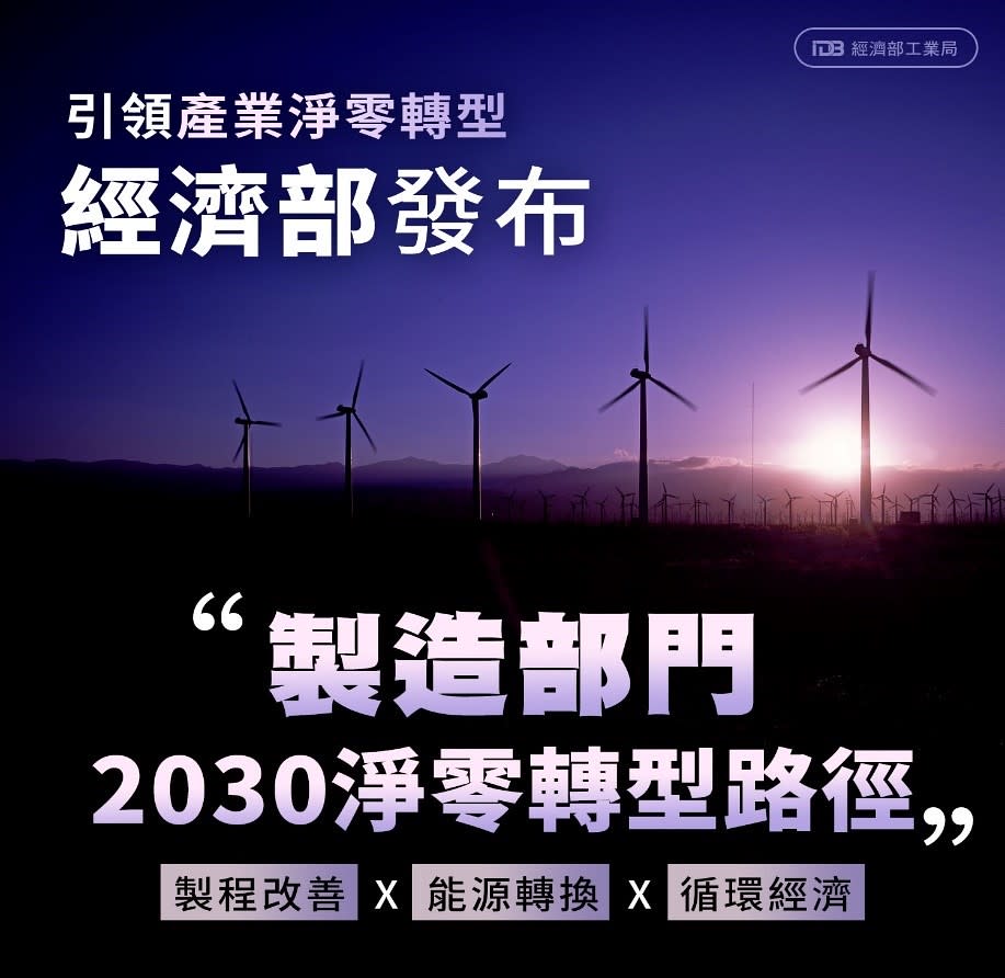 政府「製造部門2030淨零轉型路徑」的三大策略。圖片來源：擷取自經濟部工業局臉書