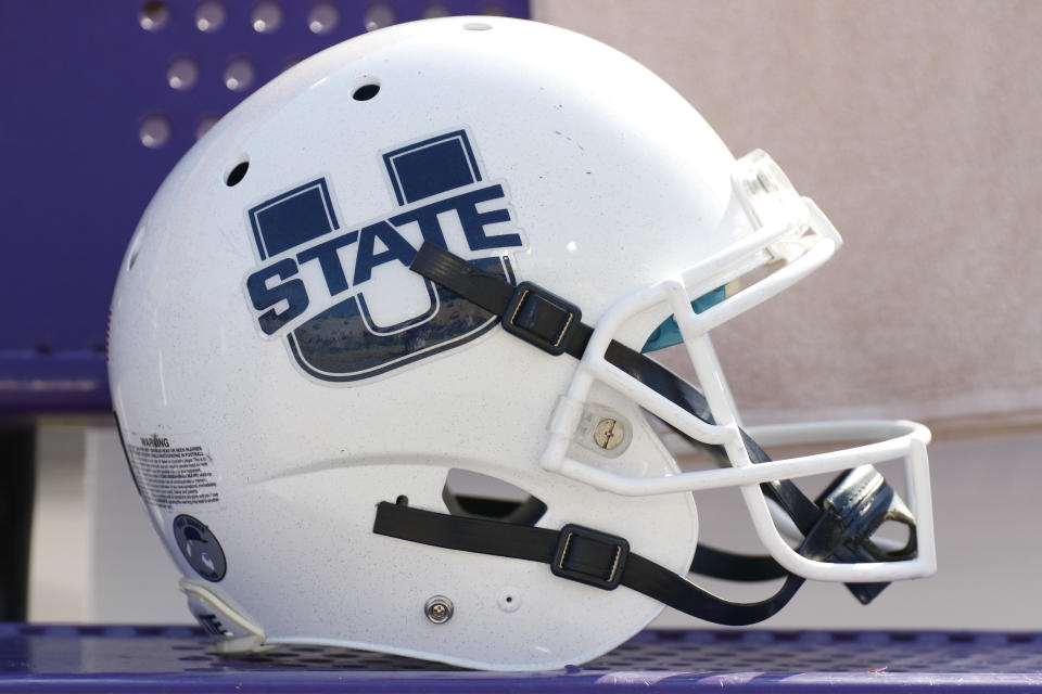 BATON ROUGE, LA - OCTOBER 05:  A Utah State Aggies helmet before the game between the LSU Tigers and Utah State Aggies at LSU Tiger Stadium on October 5, 2019 in Baton Rouge, LA. (Photo by Andy Altenburger/Icon Sportswire via Getty Images)