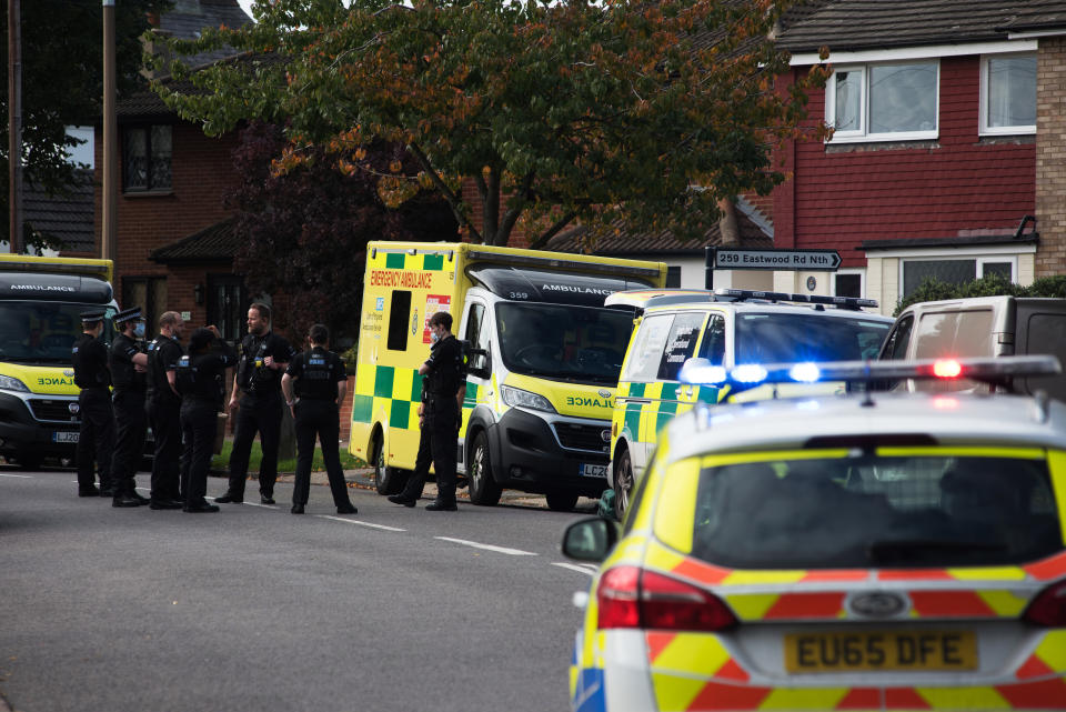 LEIGH-ON-SEA, ENGLAND - OCTOBER 15: Police officers and ambulance crew attend following the stabbing of UK Conservative MP Sir David Amess as he met with constituents at a constituency surgery on October 15, 2021 in Leigh-on-Sea, England. Sir David Amess,69, Conservative MP for Basildon, has been stabbed multiple times at his constituency surgery taking place in Belfair Methodist Church. (Photo by John Keeble/Getty Images)