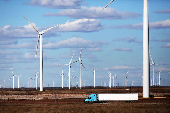 Wind turbines spin in Colorado City, Texas, Jan. 21, 2016.