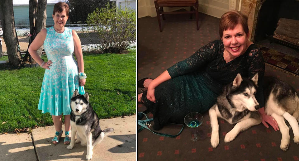 Sierra and her owner Stephanie Herfel, pictured together outside and in their home.