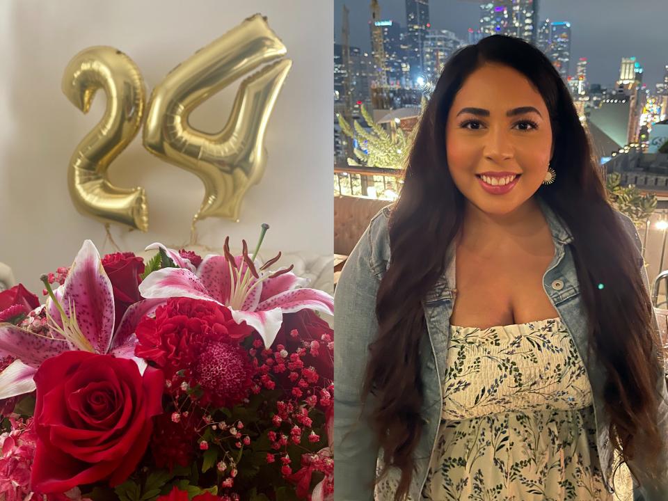 24 number balloons and flowers; Melissa in front of LA skyline.