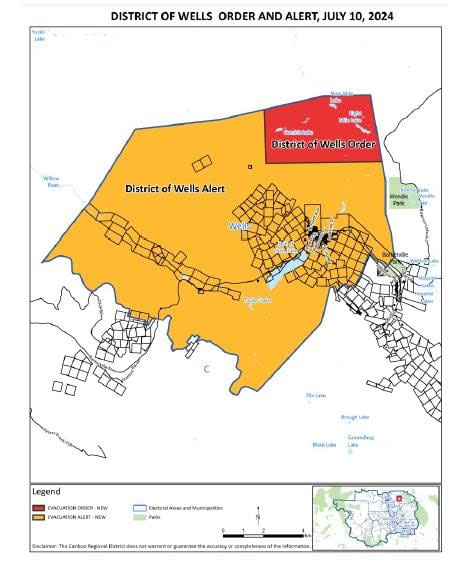 Parts of the District of Wells in B.C. are under an evacuation order, while other areas are on evacuation alert.