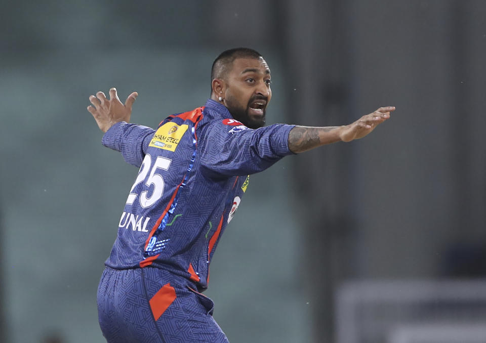 Krunal Pandya of Lucknow Super Giants appeals successfully for the wicket of Anmolpreet Singh of Sunrisers Hyderabad during the Indian Premier League cricket match, in Lucknow, India, Friday, April 7, 2023. (AP Photo/Surjeet Yadav)