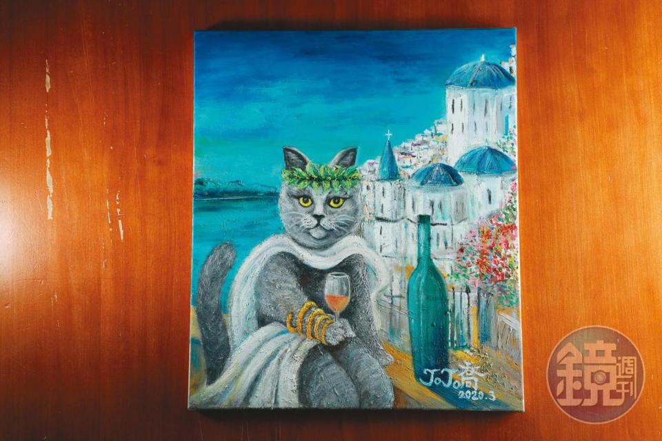 即將登上酒標的社長老婆李若喬（Jojo）最新貓畫，畫的自家剛養的愛貓，背景設定為愛琴海，以呼應酒廠名稱GlenElgin。