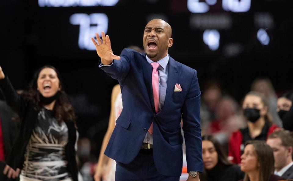 Nebraska associate head coach Chuck Love speaks to players from the sideline as they play against Michigan Jan. 4, 2022. A former Nebraska women's basketball player alleges coach Amy Williams and athletic director Trev Alberts did not take appropriate action when her sexual relationship with an assistant coach became widely known. Ashley Scoggin filed a civil lawsuit describing how Love allegedly took a special interest in her and how the relationship turned sexual and caused Scoggin to fear retaliation if she refused to engage in it.