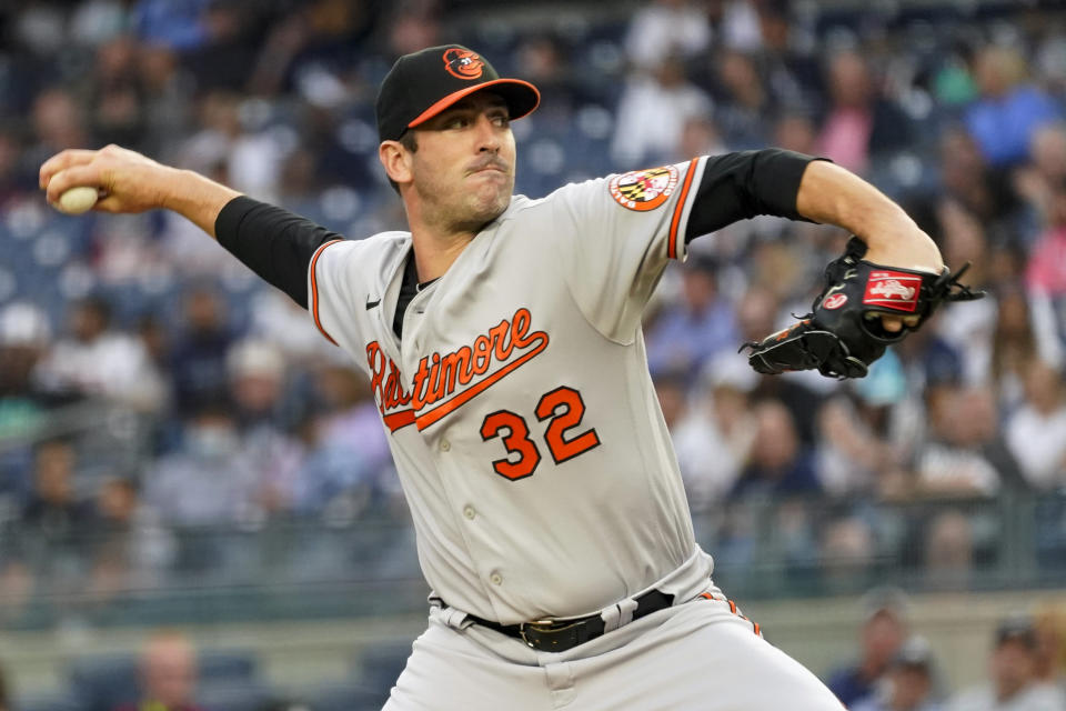 Baltimore Orioles starting pitcher Matt Harvey delivers against the New York Yankees in the first inning of their baseball game, Wednesday, Aug. 4, 2021, in New York. (AP Photo/Mary Altaffer)