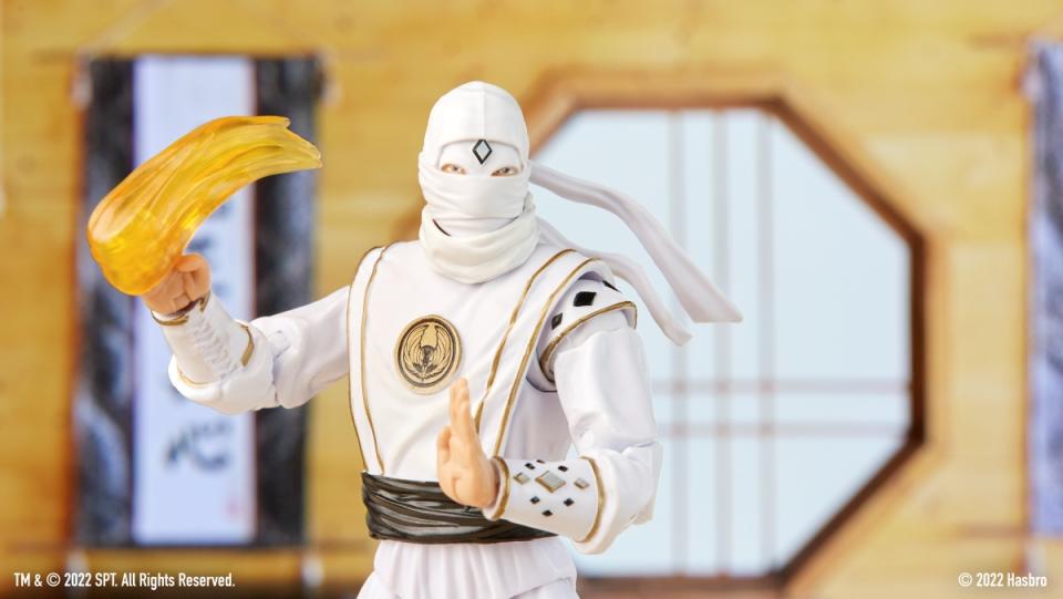 Daniel LaRusso with white ranger mask action figure from Cobra Kai and Mighty Morphin Power Rangers mashup