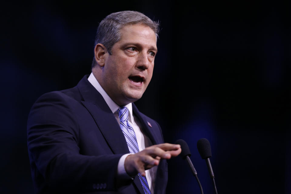 FILE - In this Sept. 7, 2019, file photo, Democratic presidential candidate Rep. Tim Ryan, D-Ohio, speaks during the New Hampshire state Democratic Party convention in Manchester, N.H. An open Senate seat in Ohio has set off a round of jockeying among ambitious Democrats and a spirited debate over who is best poised to lead a party comeback in a one-time battleground that has been trending Republican. (AP Photo/Robert F. Bukaty, File)