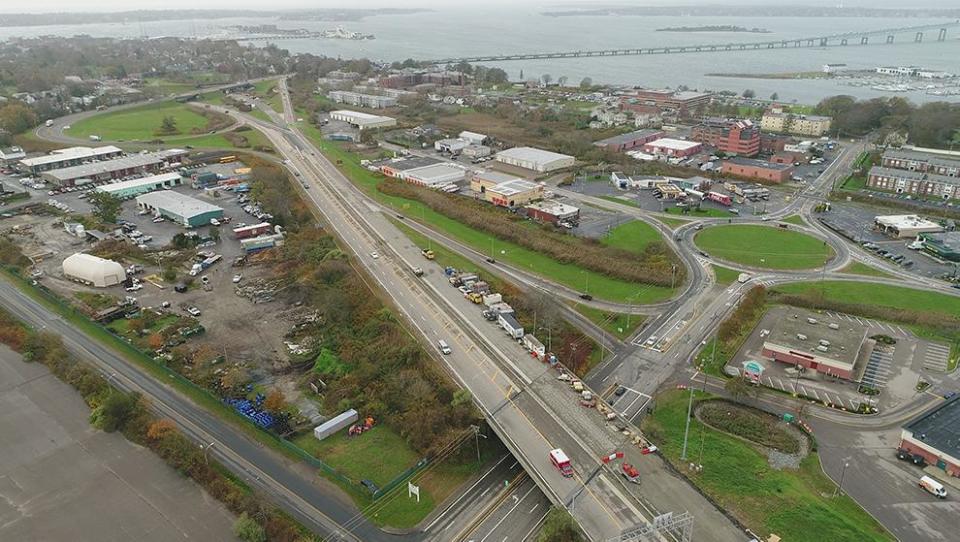 An aerial view of the Pell Bridge ramps in Newport's North End.