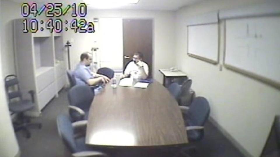 Nick Firkus, seated left, is questioned by Saint Paul Police Sgt. Jim Gray. / Credit: Ramsey County Attorney's Office