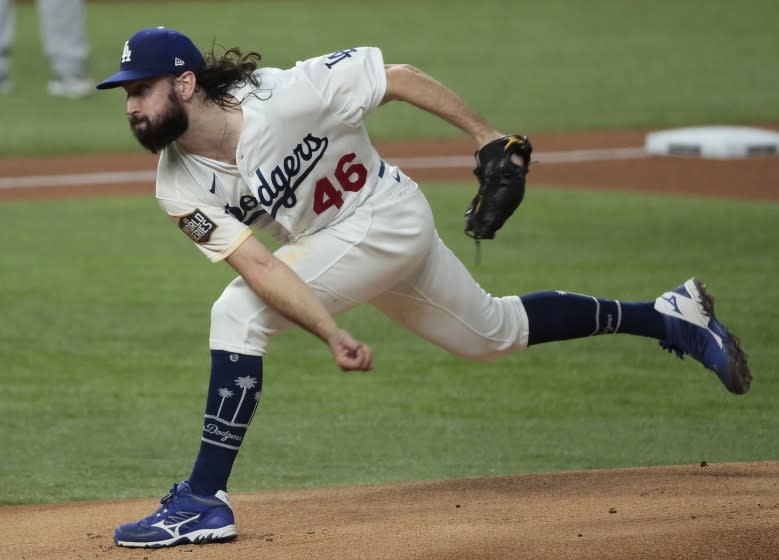 Arlington, Texas, Wednesday, October 21, 2020 Los Angeles Dodgers starting pitcher Tony Gonsolin.