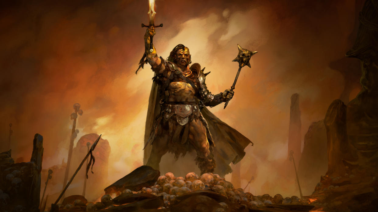  Key art for Path of Exile 2, featuring a Marauder class character standing atop a pile of skulls. 