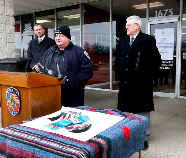 Smyrna Police Chief Kevin Arnold speaks during a press conference that was held to announce that 23 stores have been closed after it is believed that they are selling products containing a marijuana derivative, on Monday, Feb. 12, 2018. The press conference was held in front of Vapesboro one of the businesses under investigation.