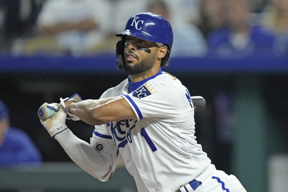 Kansas City Royals' MJ Melendez watches his RBI single during the third inning of a baseball game against the Cleveland Guardians Tuesday, Sept. 19, 2023, in Kansas City, Mo. (AP Photo/Charlie Riedel)