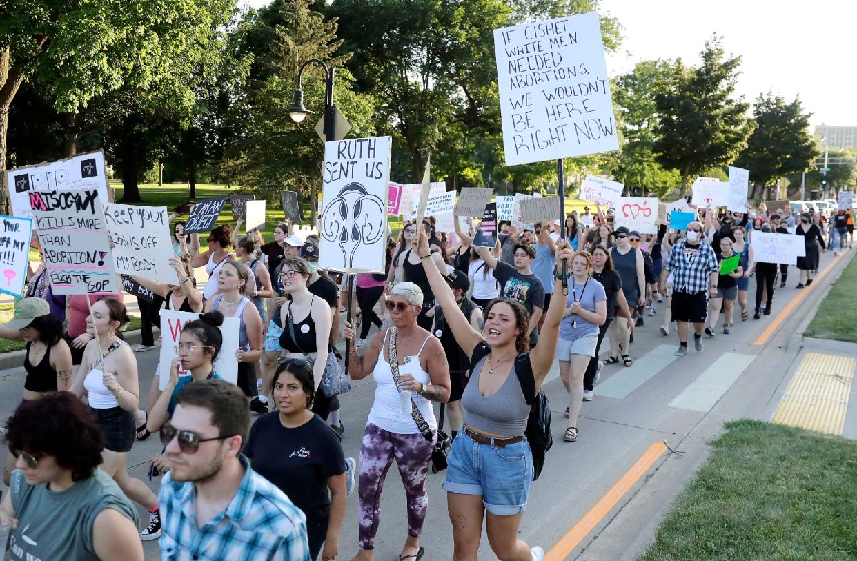Abortion-rights march on College Avenue on June 24, 2022, in Appleton, Wis.