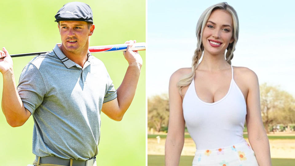 Instagram sensation Paige Spiranac (pictured right) posing for a photo and Bryson DeChambeau (pictured left) carrying his golf club.