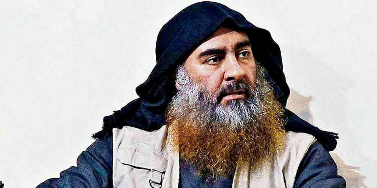 FILE - This file image released by the Department of Defense on Wednesday, Oct. 30, 2019, and displayed at a Pentagon briefing, shows an image of Islamic State leader Abu Bakr al-Baghdadi. The Islamic State group seemed largely defeated last year, with the loss of its territory, the killing of its founder in a U.S. raid and an unprecedented crackdown on its social media propaganda machine but tensions between the U.S. and Iran in the region provide a comeback opportunity for the extremist group. (Department of Defense via AP, File)