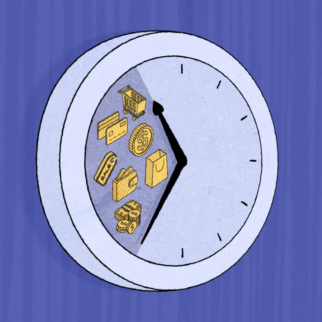 Wall clock with a section including coins, a shopping cart and shopping bags with the hands moving clockwise