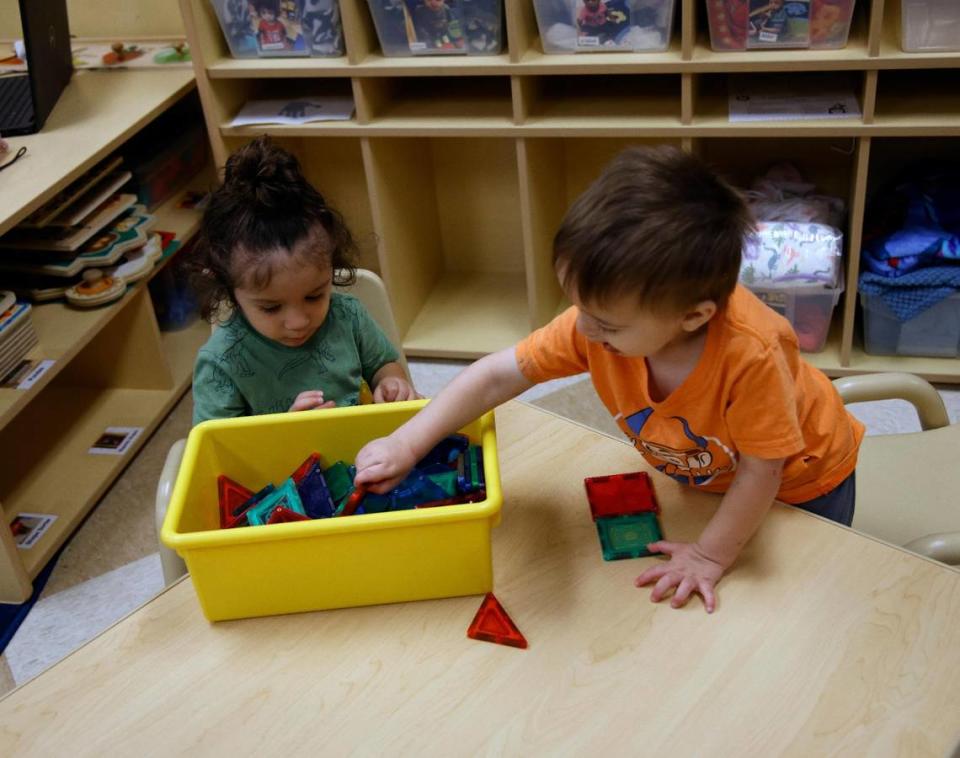 Children played with building blocks in their classroom at the Rosie K. Mauk Child Development Center in Fort Worth on Wednesday.