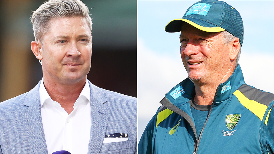 Michael Clarke during commentary and Steve Waugh during training.