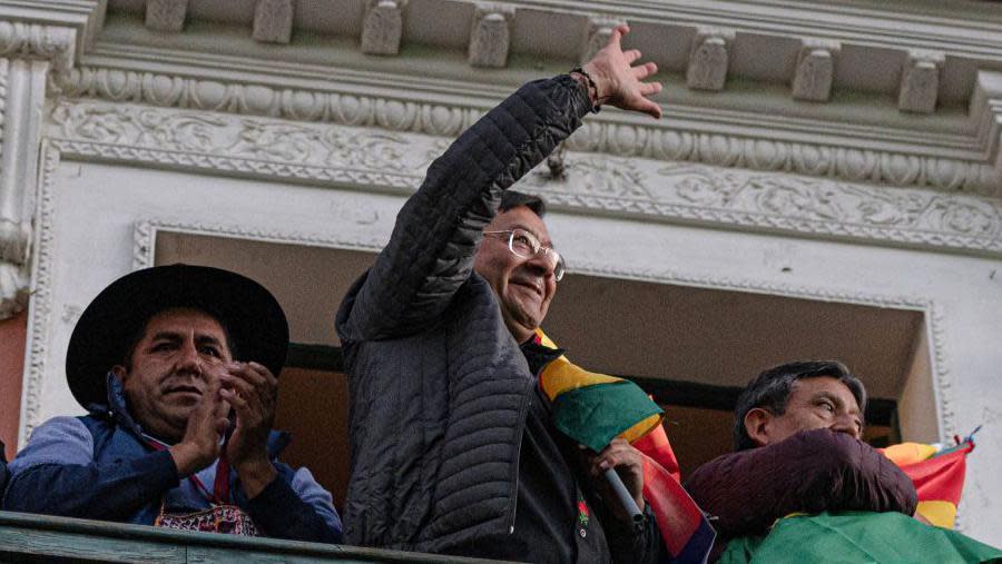 President Luis Arce waving to demonstrators, 26 June 2024