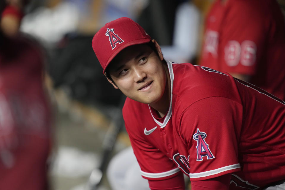 Shohei Ohtani de los Angelinos de Los Ángeles durante el noveno inning del juego ante los Tigres de Detroit, el martes 25 de julio de 2023, en Detroit. (AP Foto/Carlos Osorio)