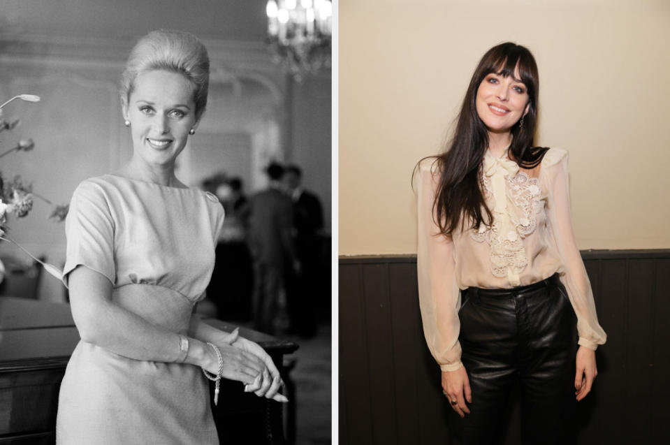 Side-by-side of Tippi Hedren and Dakota Johnsobn