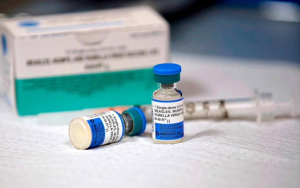 PHOTO: In this April 26, 2019, file photo, a 10 pack and one dose bottles of measles, mumps and rubella virus vaccine, made by MERCK, sits on a counter at the Salt Lake County Health Department in Salt Lake City, Utah. (George Frey/Getty Images, FILE)