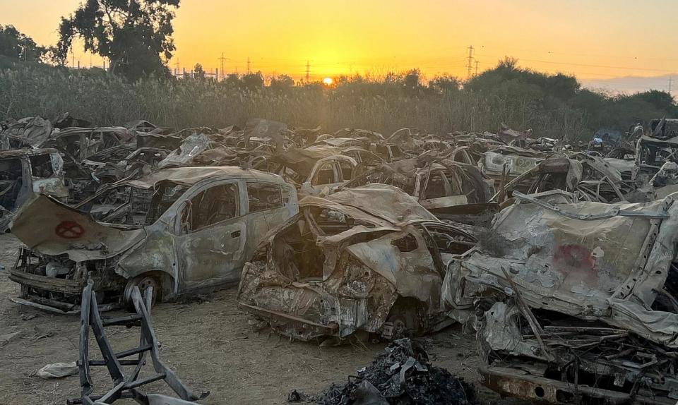 PHOTO: In a field near Netivot, Israel, hundreds of burnt-out vehicles were recovered from the scene of the deadly Supernova music festival massacre. (Becky Perlow/ABC News)