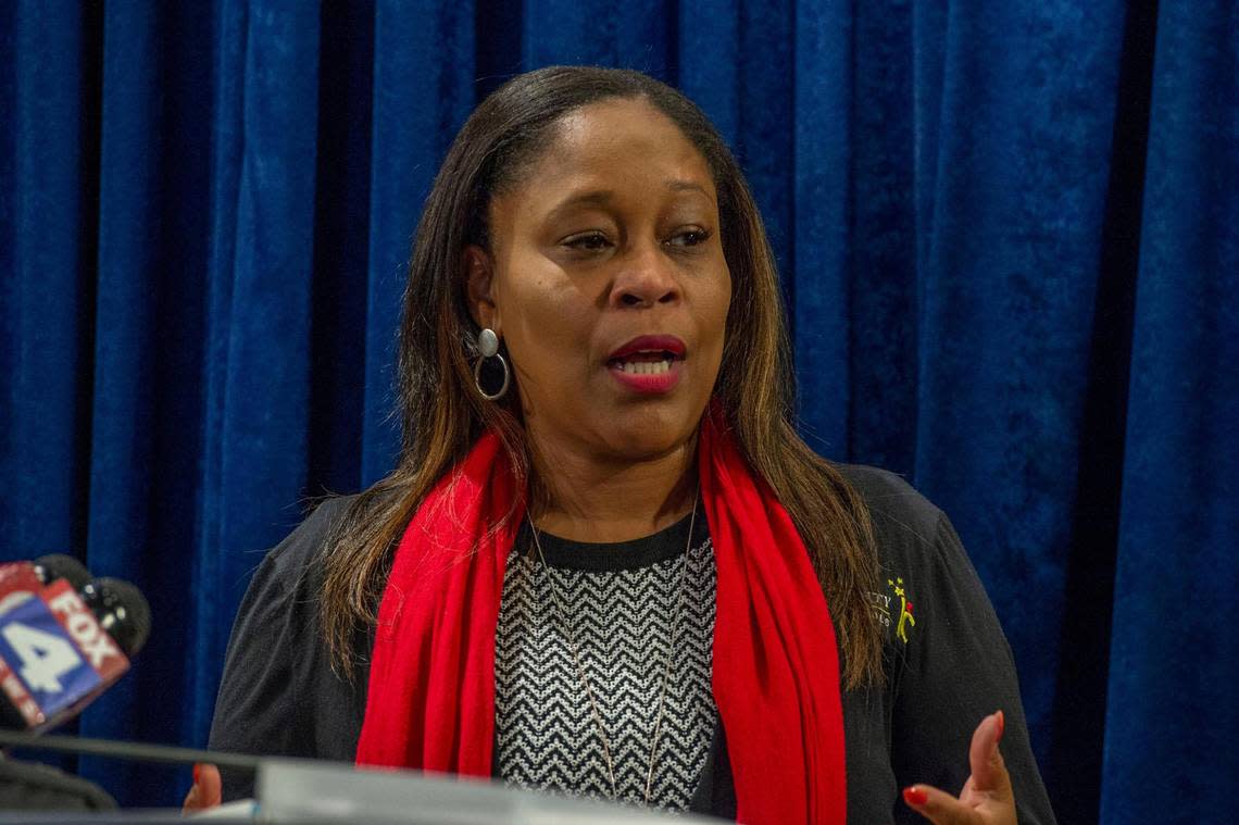 Interim superintendent Jennifer Collier spoke at a press conference addressing the district’s long-term restructuring plans Thursday at the Kansas City Public Schools board of education building.