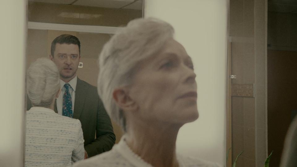 Will Grady (Justin Timberlake) gets a pep talk from mom Camille (Frances Fisher) in the Netflix crime drama "Reptile."