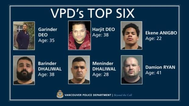 Vancouver police poster of the six men it is warning the public to stay away from. (Vancouver Police Department - image credit)