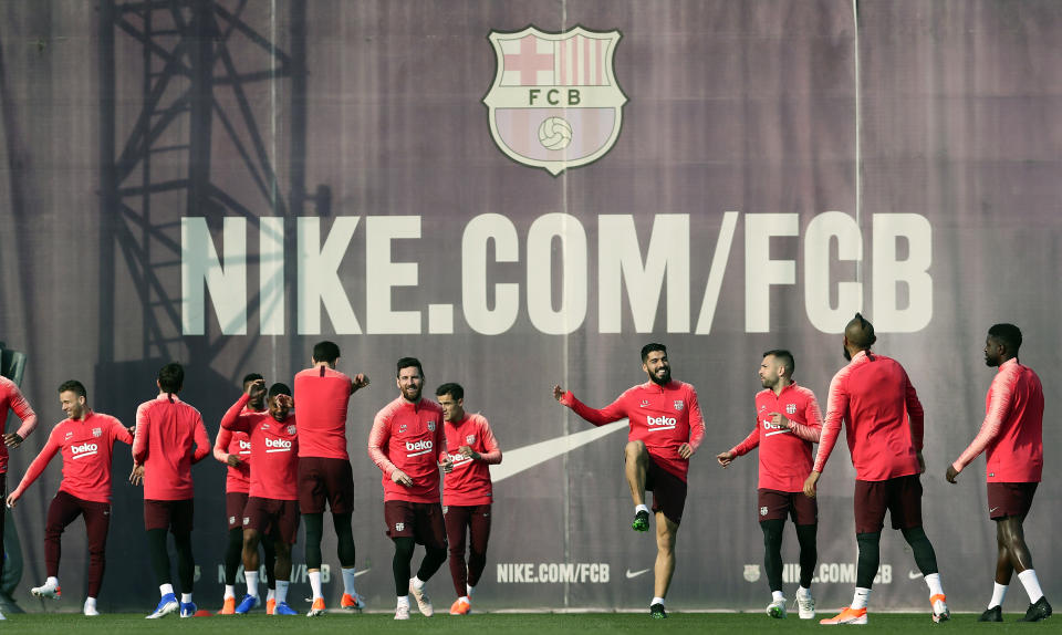 FC Barcelona players attend a training session at the Sports Center FC Barcelona Joan Gamper in Sant Joan Despi, Spain, Tuesday, April 30, 2019. FC Barcelona will play against Liverpool in a first leg semifinal Champions League soccer match on Wednesday, May 1. (AP Photo/Manu Fernandez)