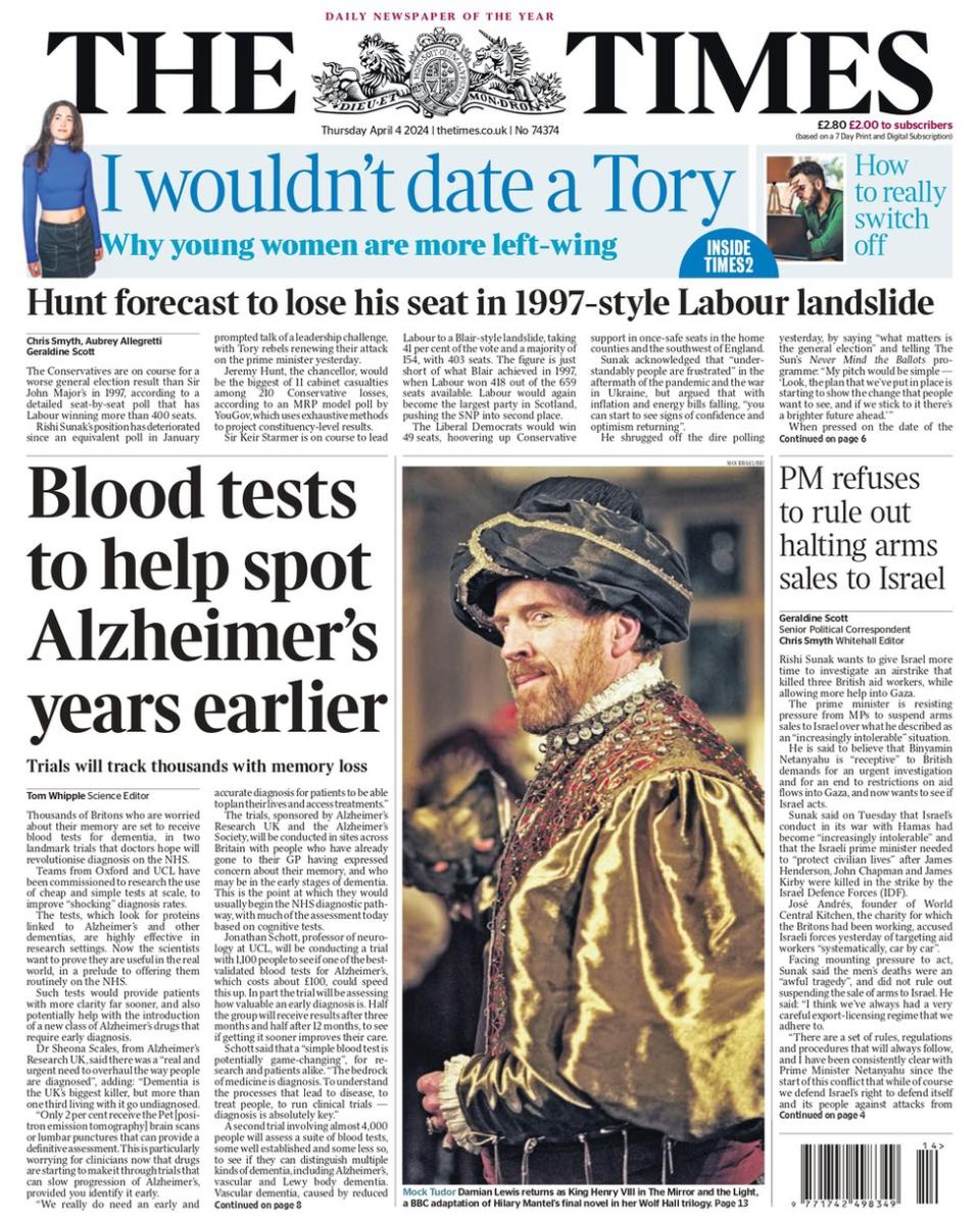 The Times front page. The headline reads: Hunt forecast to lose his seat in 1997-style Labour landslide