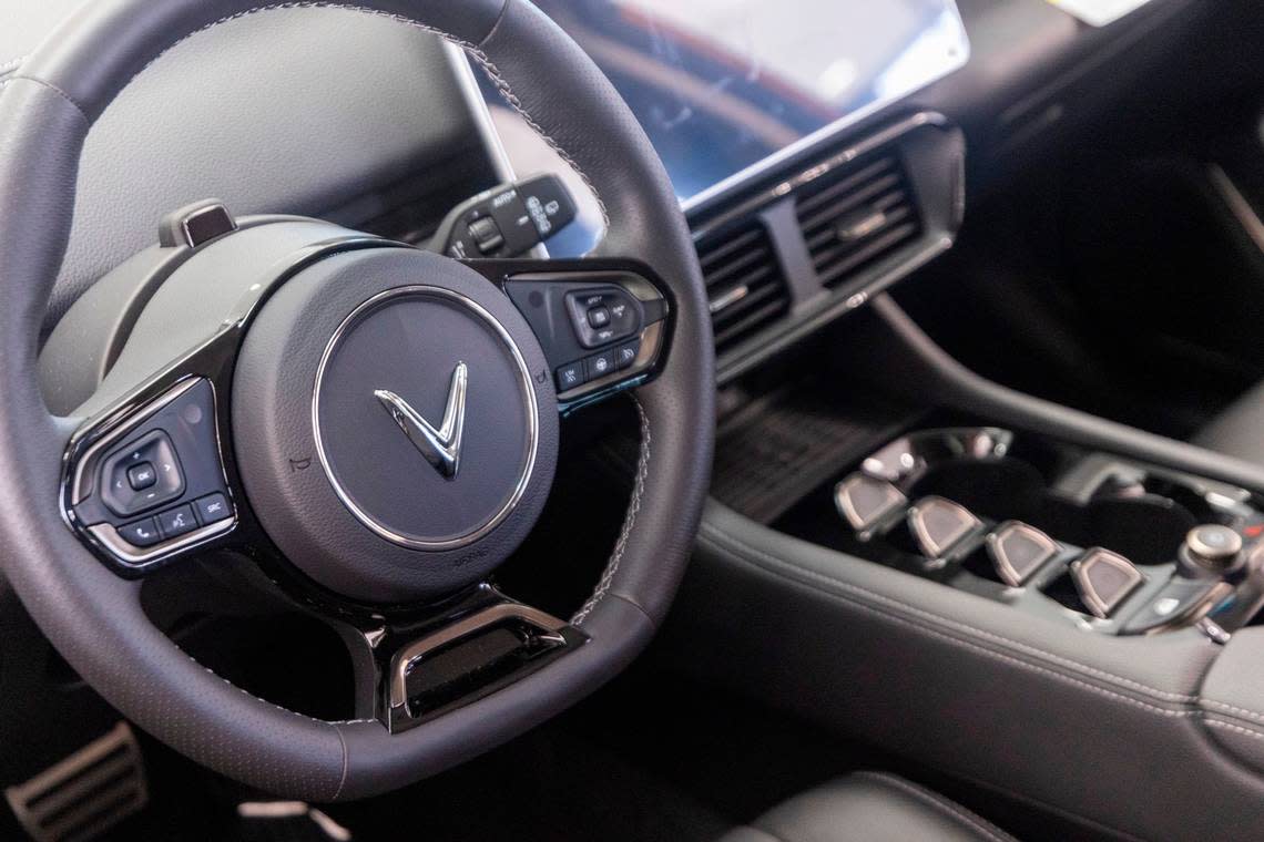 A detail view of a VinFast electric car at the new Leith VinFast dealership in Cary Thursday, Dec. 28, 2023. The Vietnamese automaker announced in March 2022 that it would open an electric vehicle assembly plant in North Carolina.