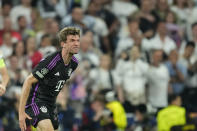 Bayern's Thomas Mueller reacts during the Champions League semifinal second leg soccer match between Real Madrid and Bayern Munich at the Santiago Bernabeu stadium in Madrid, Spain, Wednesday, May 8, 2024. (AP Photo/Jose Breton)