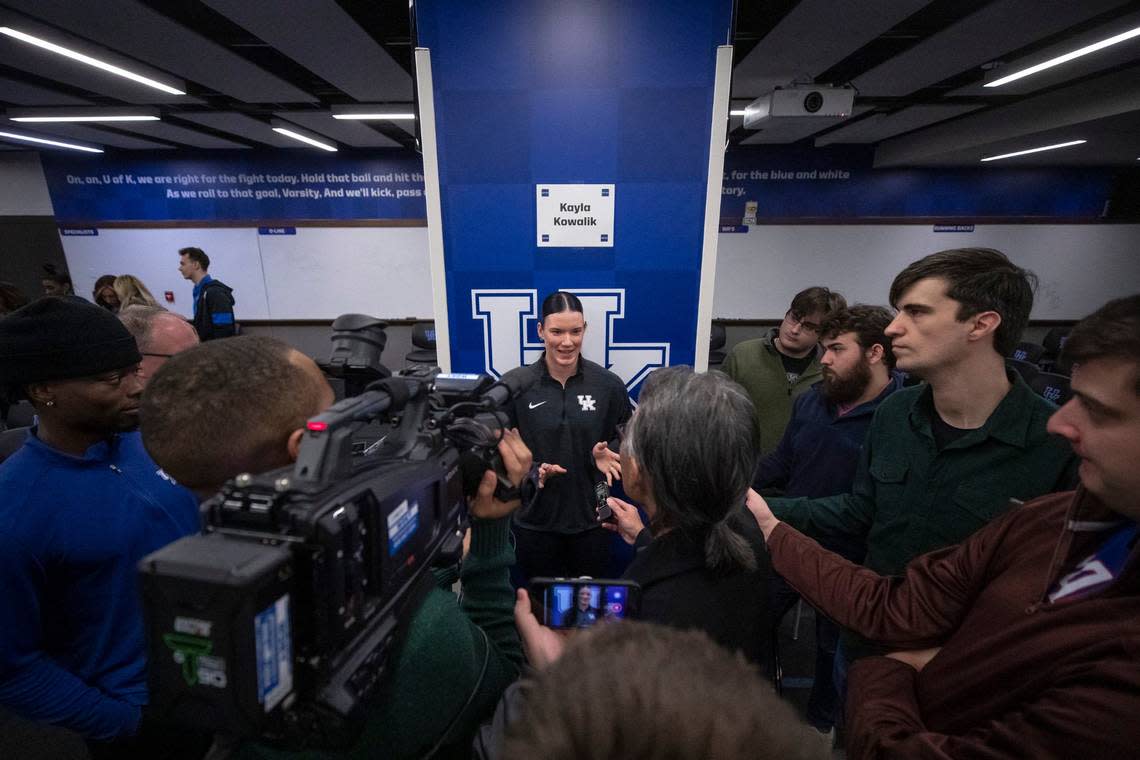 UK softball player Kayla Kowalik addresses reporters during Wednesday’s Media Day at Kroger Field. “You’re never going to find an athlete that is more committed than Kayla is to the University of Kentucky,” head coach Rachel Lawson said.