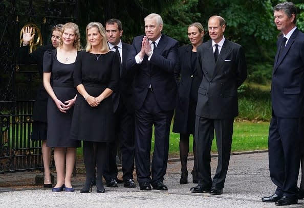 <div class="inline-image__caption"><p>Princess Beatrice, Lady Louise, Countess Sophie, Peter Phillips, Princess Eugenie, Prince Andrew, Zara Phillips, and Prince Edward greet members of the public gathered outside of Balmoral Castle in Ballater, on Sept. 10.</p></div> <div class="inline-image__credit">Owen Humphreys/Pool/AFP via Getty</div>