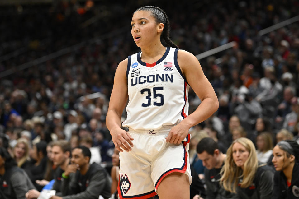 SEATTLE, WASHINGTON - MARCH 25: Azzi Fudd #35 of the UConn Huskies looks on during the second quarter against the Ohio State Buckeyes in the Sweet 16 round of the NCAA Women's Basketball Tournament at Climate Pledge Arena on March 25, 2023 in Seattle, Washington. (Photo by Alika Jenner/Getty Images)