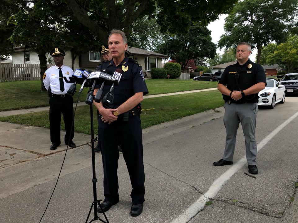 Franklin Police Chief Rick Oliva speaks to the media after a male who pointed a gun at police was shot and killed by police after two separate car jackings and a short car pursuit on Sept. 3, 2021.