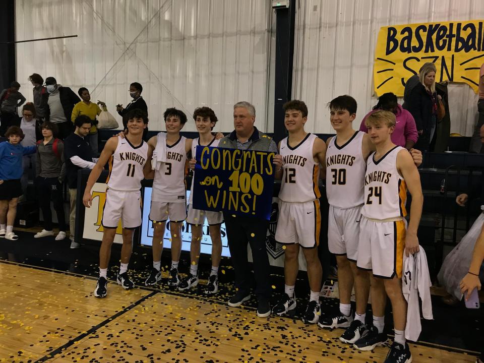 Tuscaloosa Academy boys basketball coach Barry Sanderson won his 100th game with the Knights in a 80-38 win over Bessemer Academy Wednesday, Jan. 19, 2021.