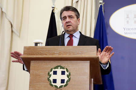 German Foreign Minister Sigmar Gabriel speaks during a news conference with his Greek counterpart Nikos Kotzias (not pictured) following their meeting at the ministry in Athens, Greece, March 23, 2017. REUTERS/Alkis Konstantinidis