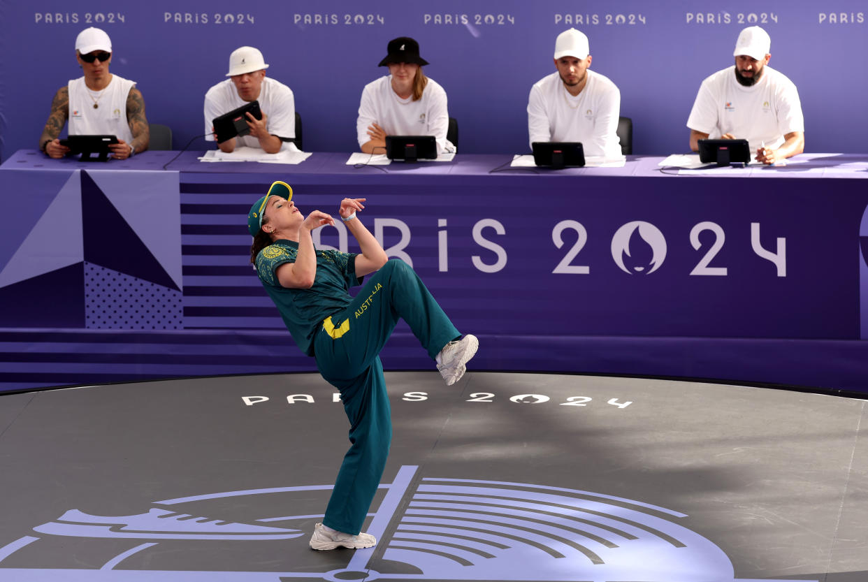 B-Girl Raygun of Team Australia competes during the B-Girls Round Robin on Aug. 9, 2024 in Paris, France. (Ezra Shaw/Getty Images)