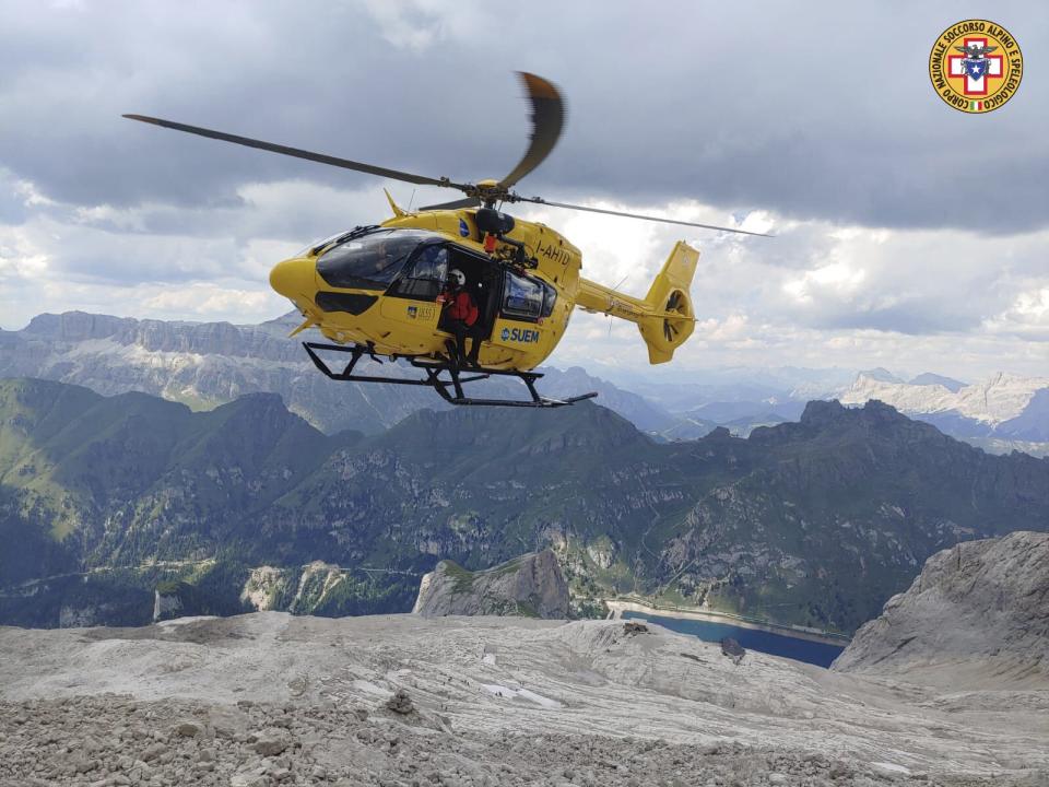 Mandatory Credit: Photo by Corpo Nazionale Soccorso Alpino e Speleologico/AP/Shutterstock (13016639d) This undated image released, by the Italian National Alpine and Cave Rescue Corps shows the type of rescue helicopters used on the glacier in Italy's Alps near Trento where a large chunk of ice has broken loose, killing at least six hikers and injuring eight others. Drones were being used to spot any more bodies on an Italian Alpine mountainside a day after a huge chunk of a glacier broke loose, sending an avalanche of ice, snow, and rocks onto hikers. Rescuers on Sunday spotted six bodies and said nine survivors were injured. Attention on Monday was focused on determining how many people who might have been hiking on the Marmolada peak are unaccounted for. Rescuers said conditions downslope from the glacier, which has been melting for decades, were still too unstable to immediately send rescuers and dogs into the area to look for others buried under tons of debris Glacier Hikers Killed, Trento, Italy - 03 Jul 2022