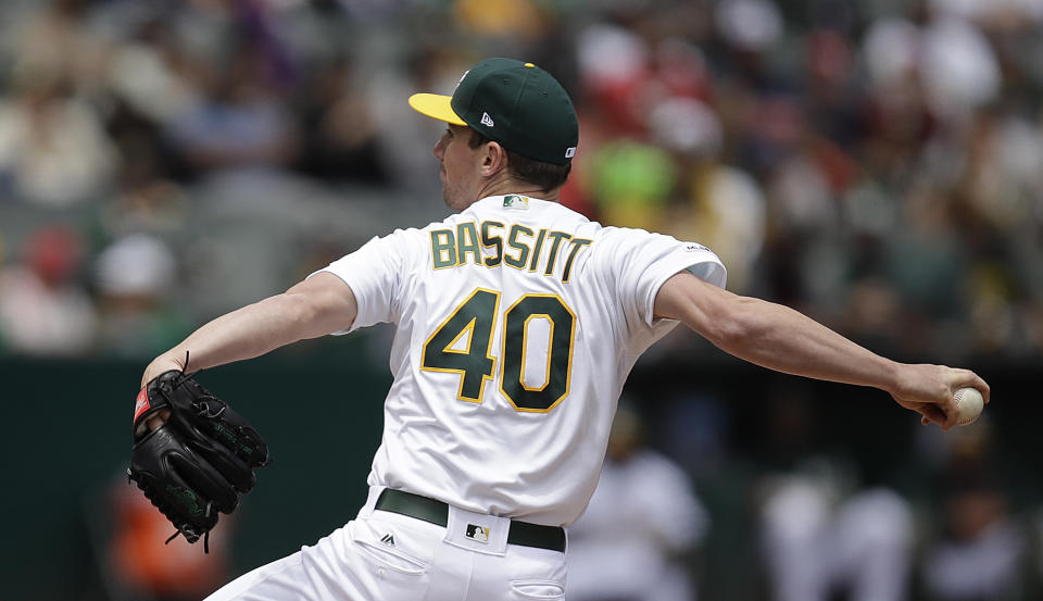 Oakland Athletics pitcher Chris Bassitt works against the Los Angeles Angels in the first inning of a baseball game Monday, May 27, 2019, in Oakland, Calif. (AP Photo/Ben Margot)