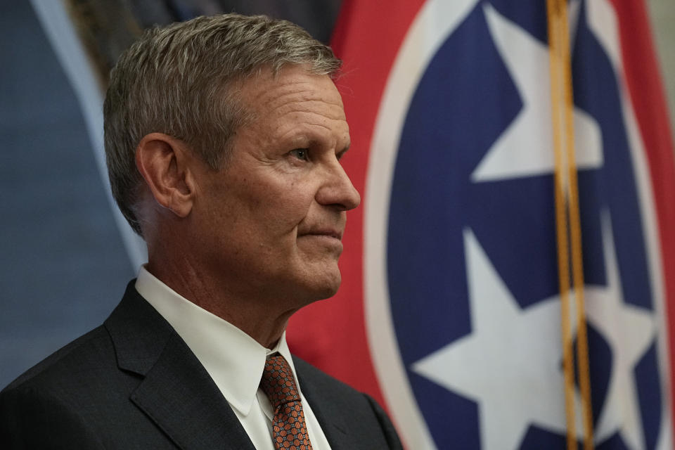 Gov. Bill Lee attends a news conference at the close of the 2024 legislative session Thursday, April 25, 2024, in Nashville, Tenn. (AP Photo/George Walker IV)